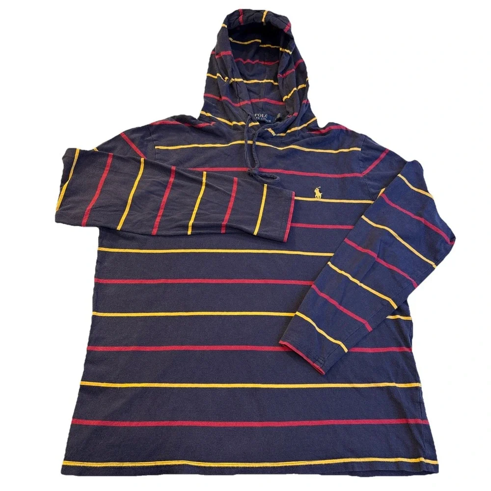Vintage‎ Polo Ralph Lauren Blue Red Yellow Stripe Long Slv TshirtHoodie Men's M